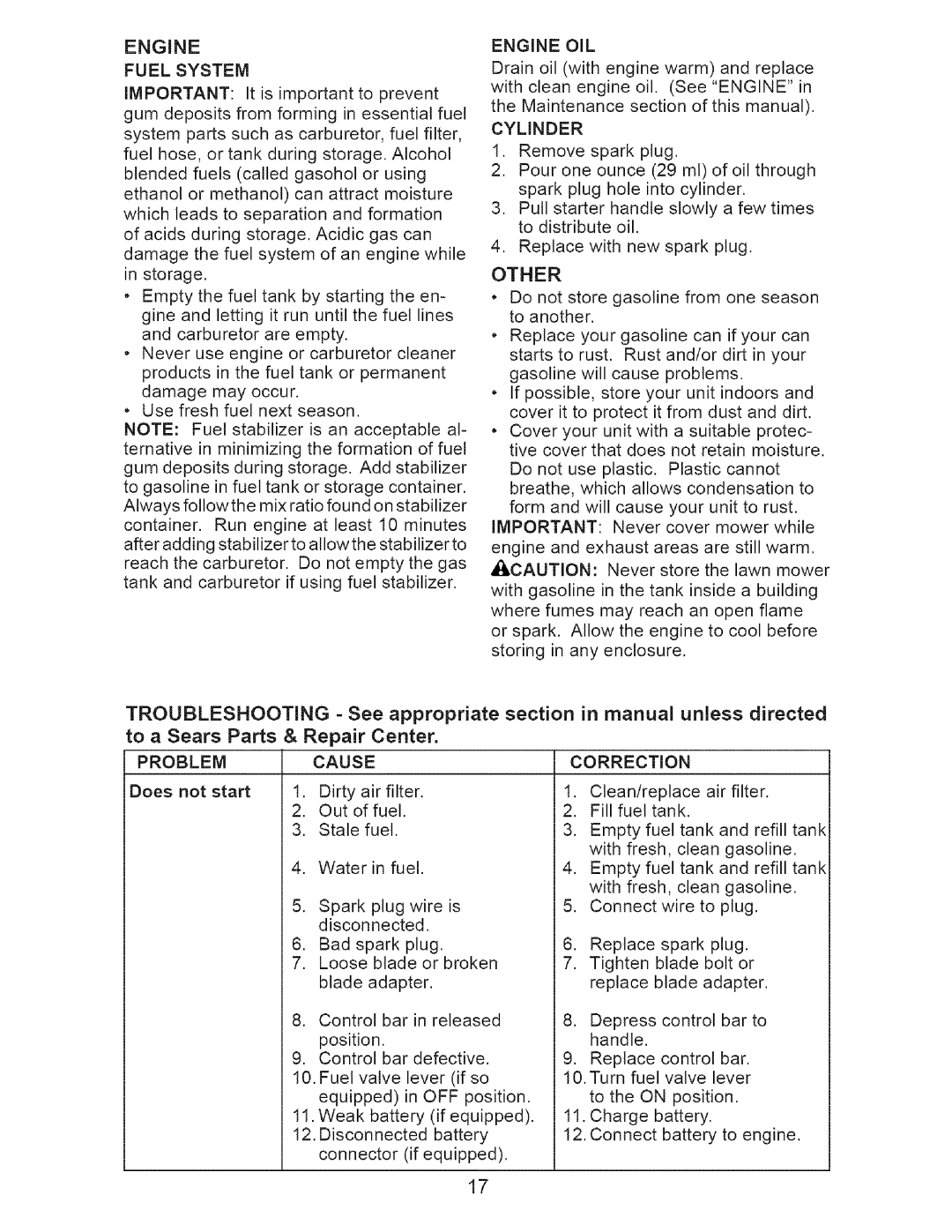 Craftsman 917.376676 owner manual Correction, Engine Fuel System, Engine OIL, Cylinder, Off 