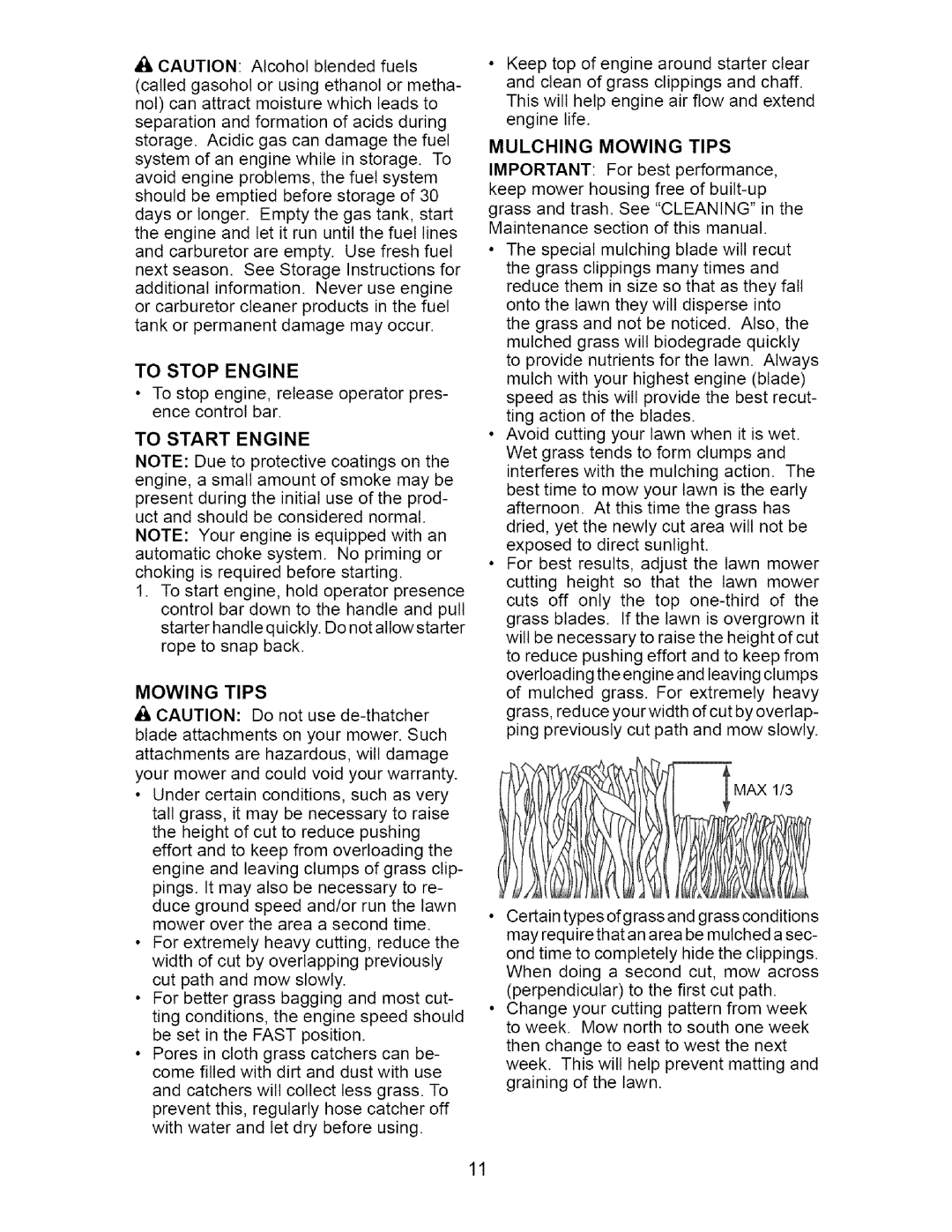 Craftsman 917.377011 owner manual To Stop Engine, To Start Engine, Mulching Mowing Tips 