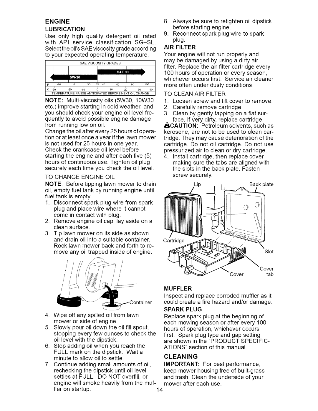 Craftsman 917.377011 owner manual Engine LU Brication, Muffler, Cleaning 