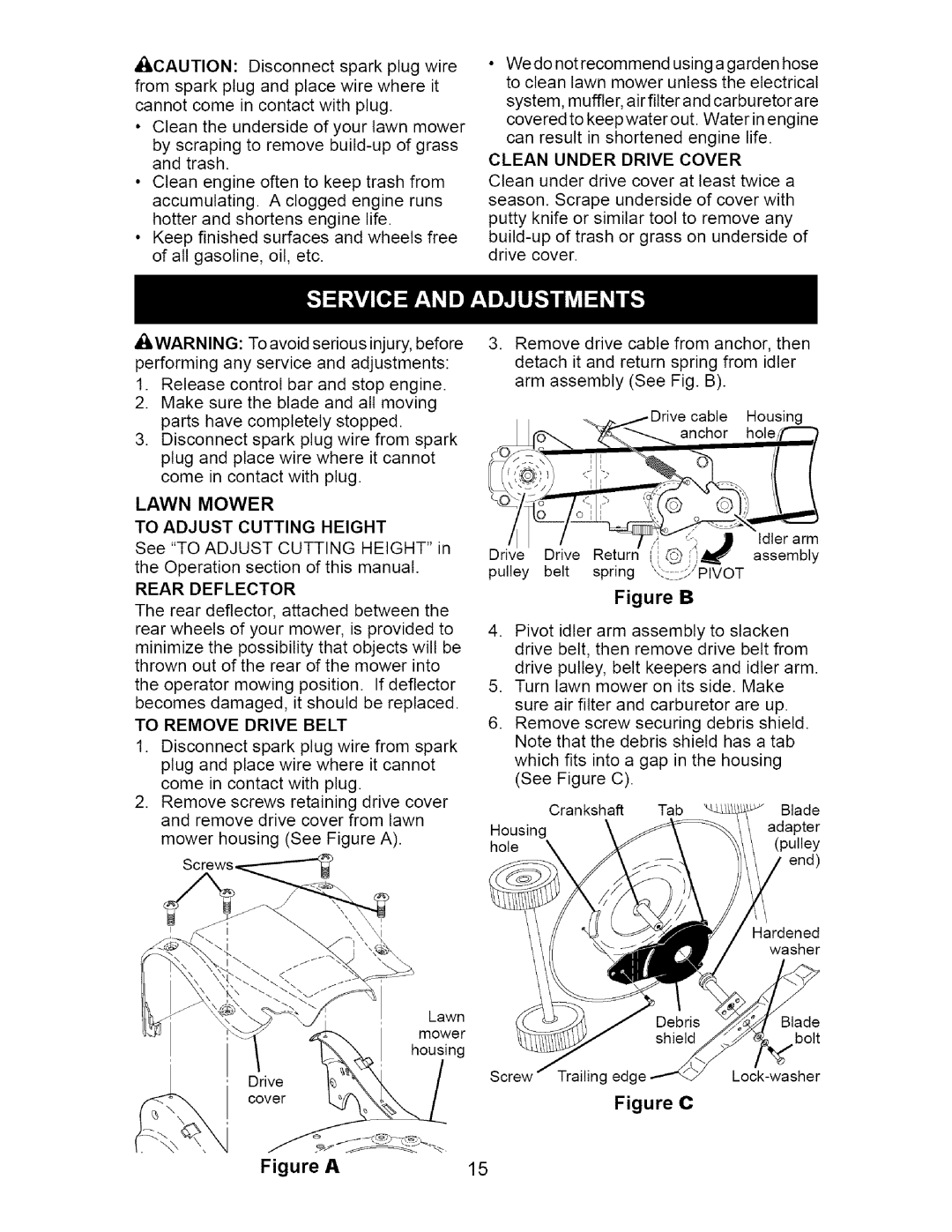 Craftsman 917.377011 owner manual Lawn Mower To Adjust Cutting Height, Rear Deflector, To Remove Drive Belt 