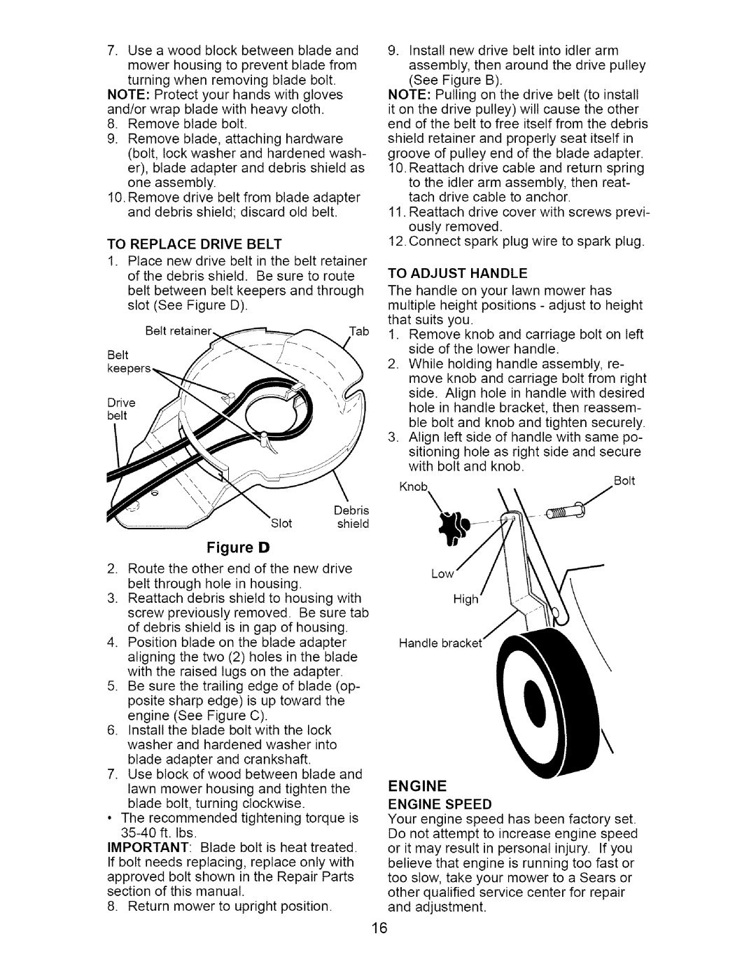 Craftsman 917.377011 owner manual To Replace Drive Belt, To Adjust Handle, Engine Engine Speed 