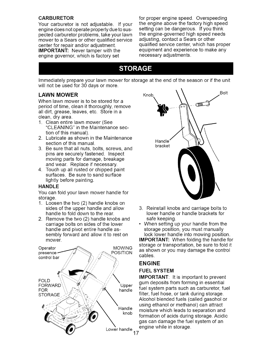 Craftsman 917.377011 owner manual Engine, Carburetor, Lawn Mower, Fuel System, It is important to prevent 