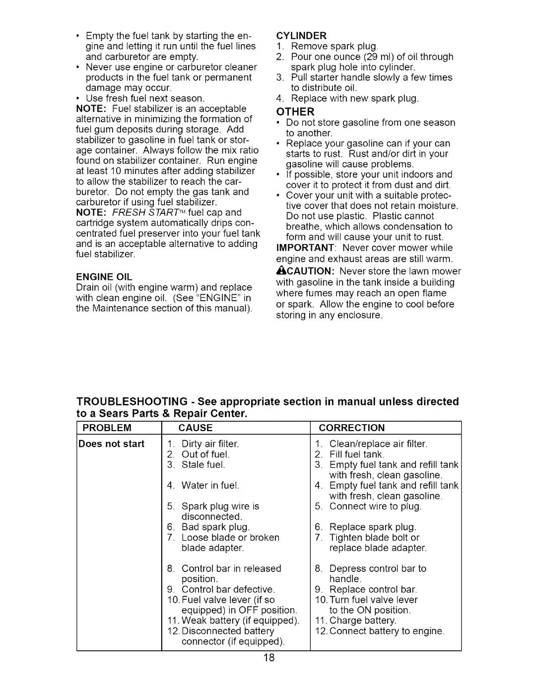 Craftsman 917.377011 owner manual Problem, Does not start 