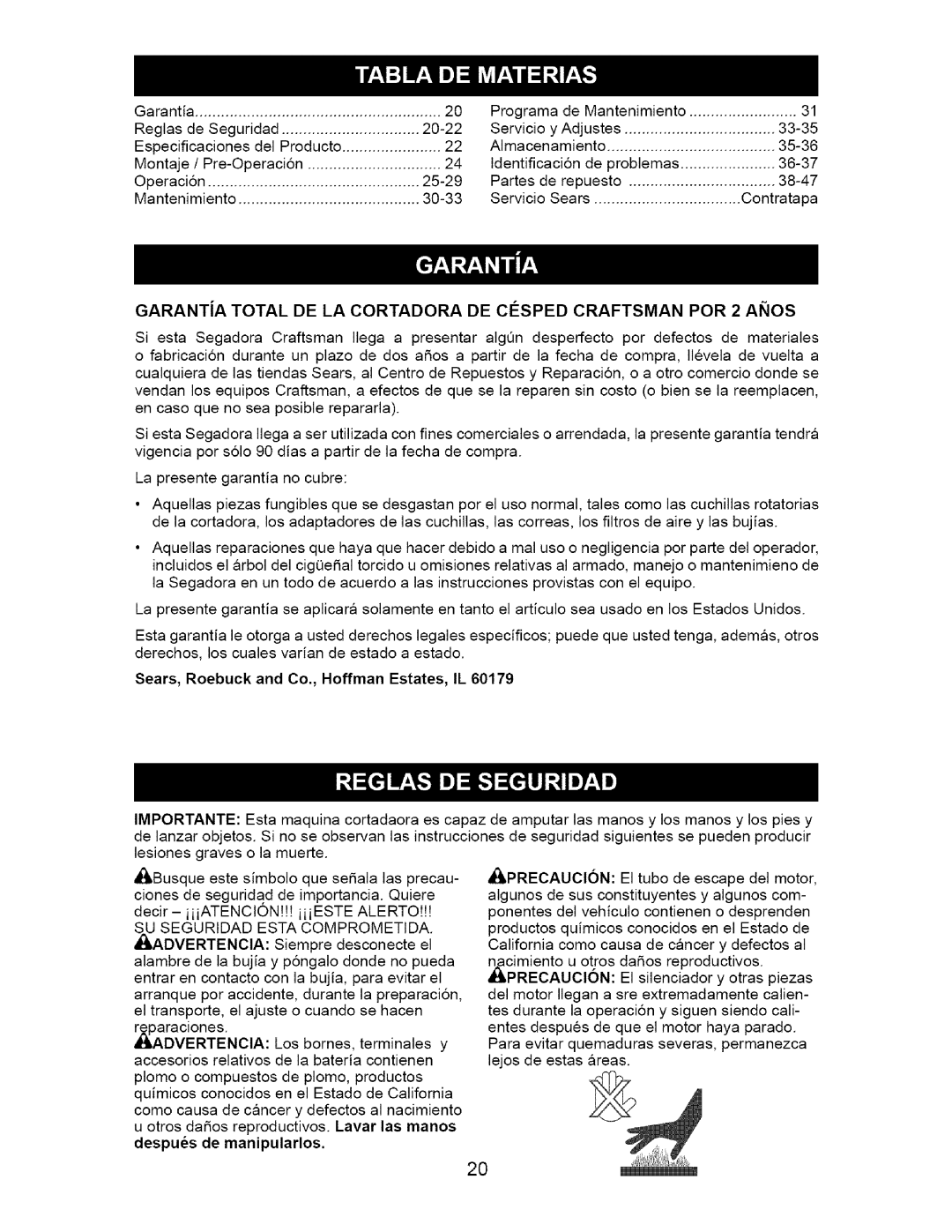 Craftsman 917.377011 owner manual Garantia Programa de Mantenimiento Reglas de Seguridad 