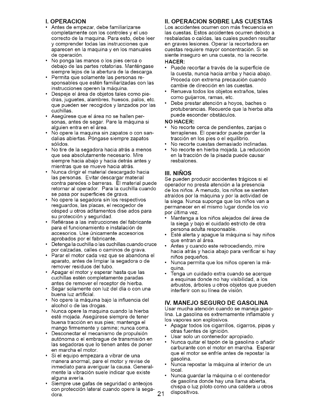 Craftsman 917.377011 Operacion II. Operacion Sobre LAS Cuestas, No Hacer, III. Ninos, IV. Manejo Seguro DE Gasolina 