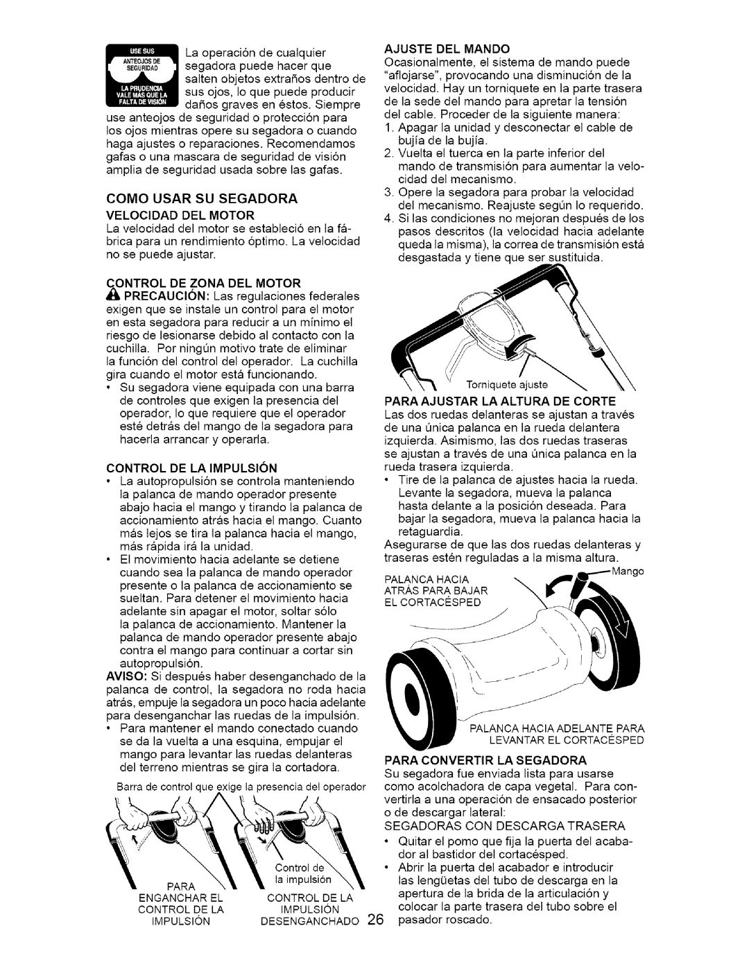 Craftsman 917.377011 owner manual Velocidad DEL Motor, Control DE LA Impulsion 