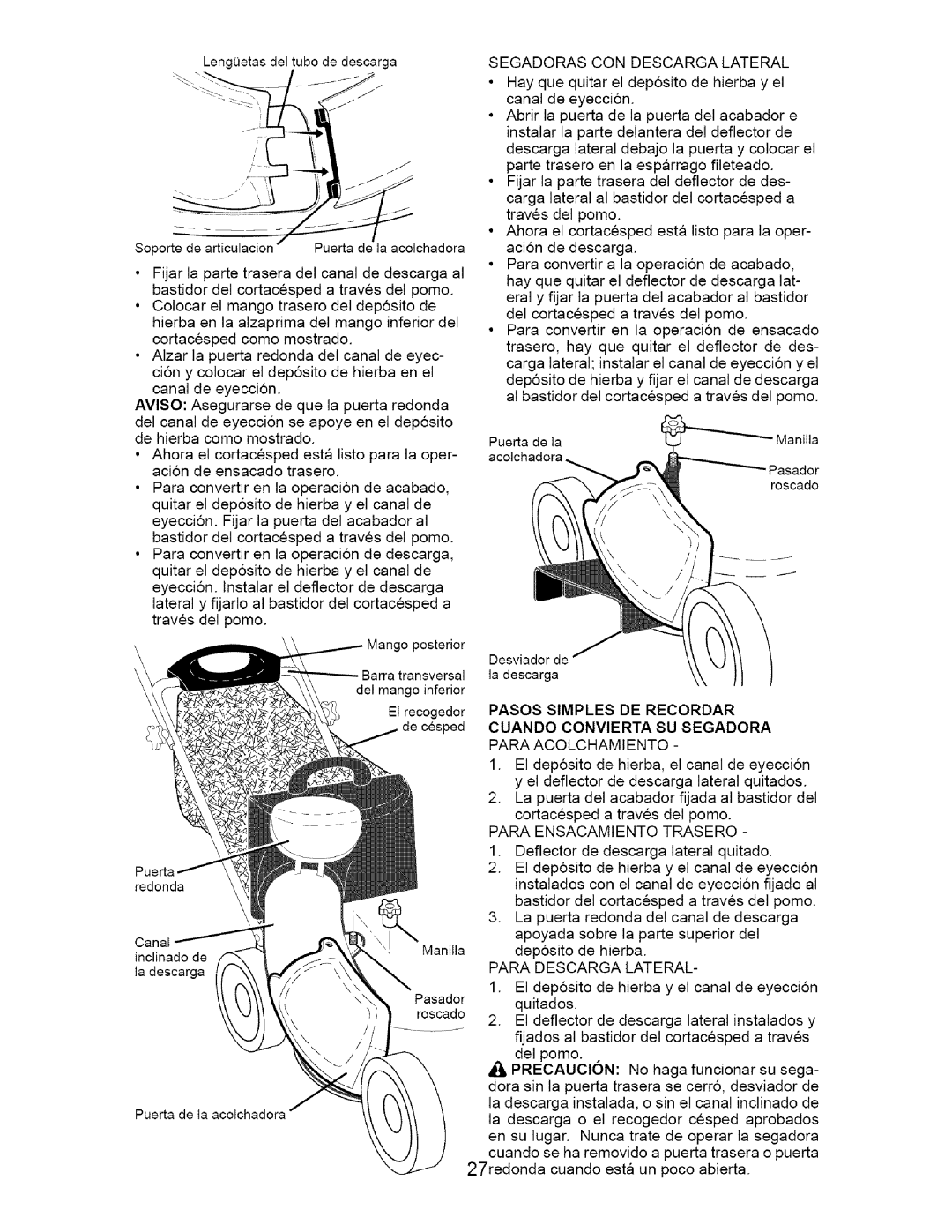 Craftsman 917.377011 owner manual Segadoras CON Descarga Lateral, Para Ensacamiento Trasero, Para Descarga Lateral 