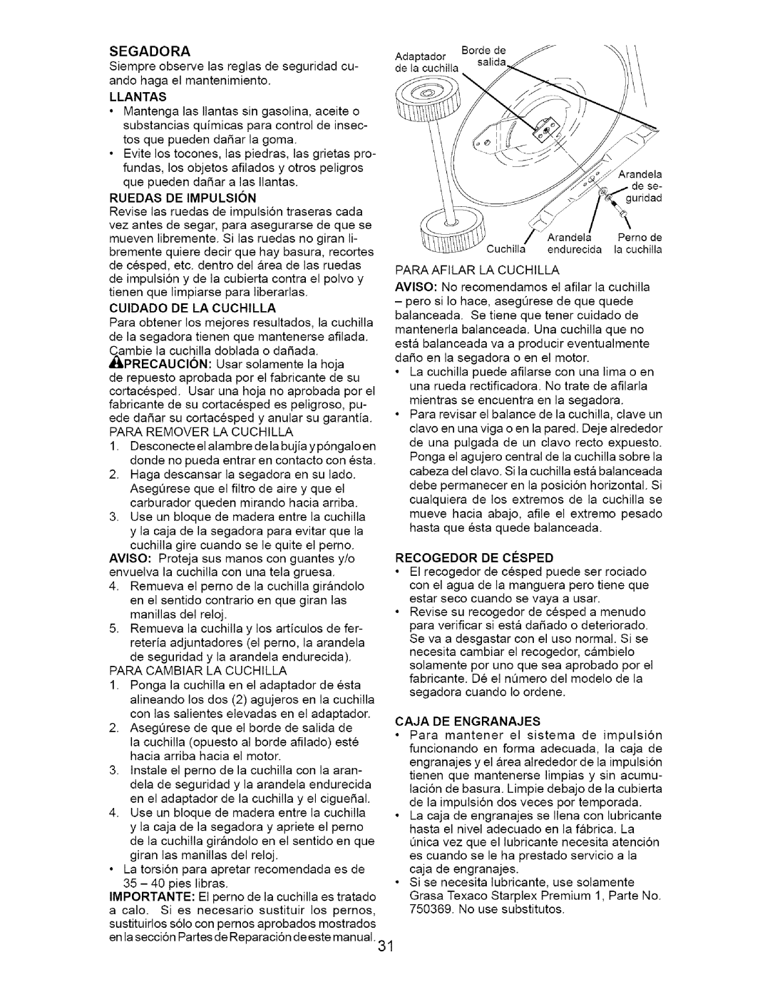 Craftsman 917.377011 owner manual Llantas, Ruedas DE Impulsion, Recogedor DE Cesped, Caja DE Engranajes 