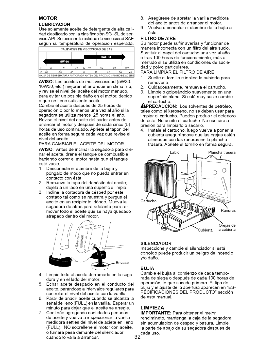 Craftsman 917.377011 owner manual Para Cambiar EL Aceite DEL Motor, Filtro DE Aire, BUJiA, Limpieza 