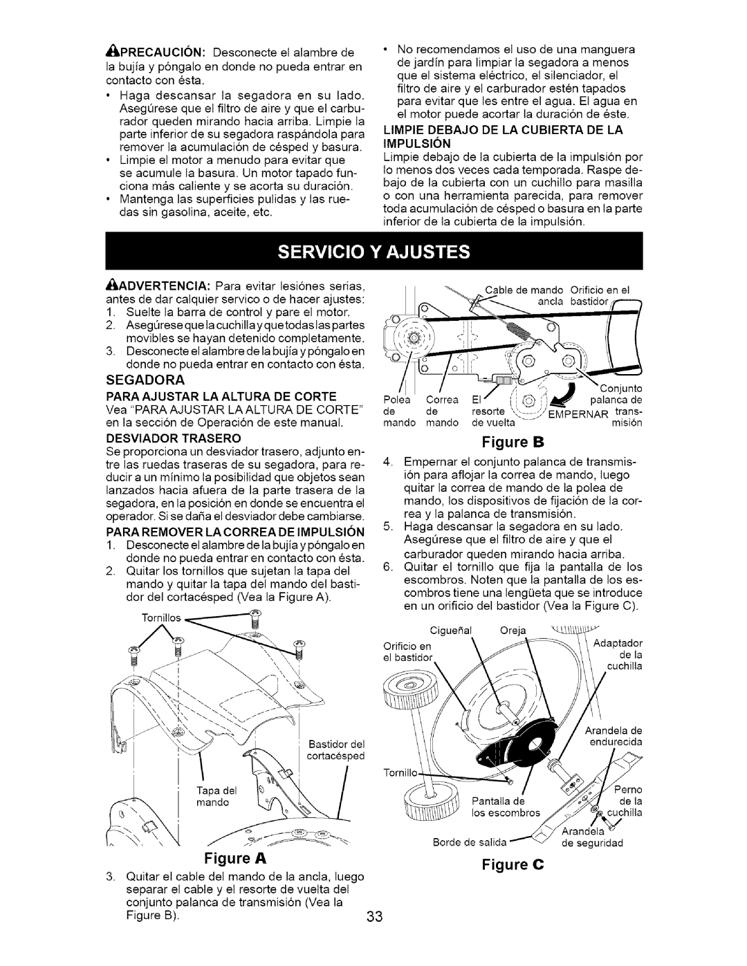 Craftsman 917.377011 owner manual Segadora Para Ajustar LA Altura DE Corte, Para Remover LA Correa DE Impulsion 