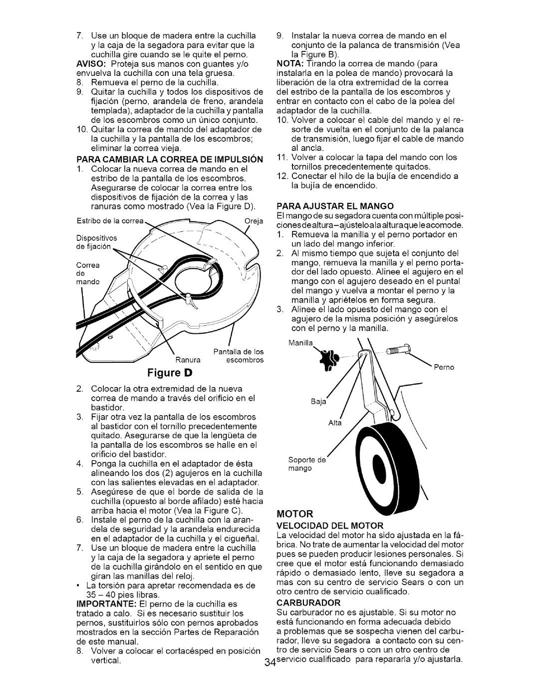 Craftsman 917.377011 owner manual Para Cambiar LA Correa DE Impulsion, Para Ajustar EL Mango, Motor Velocidad DEL Motor 