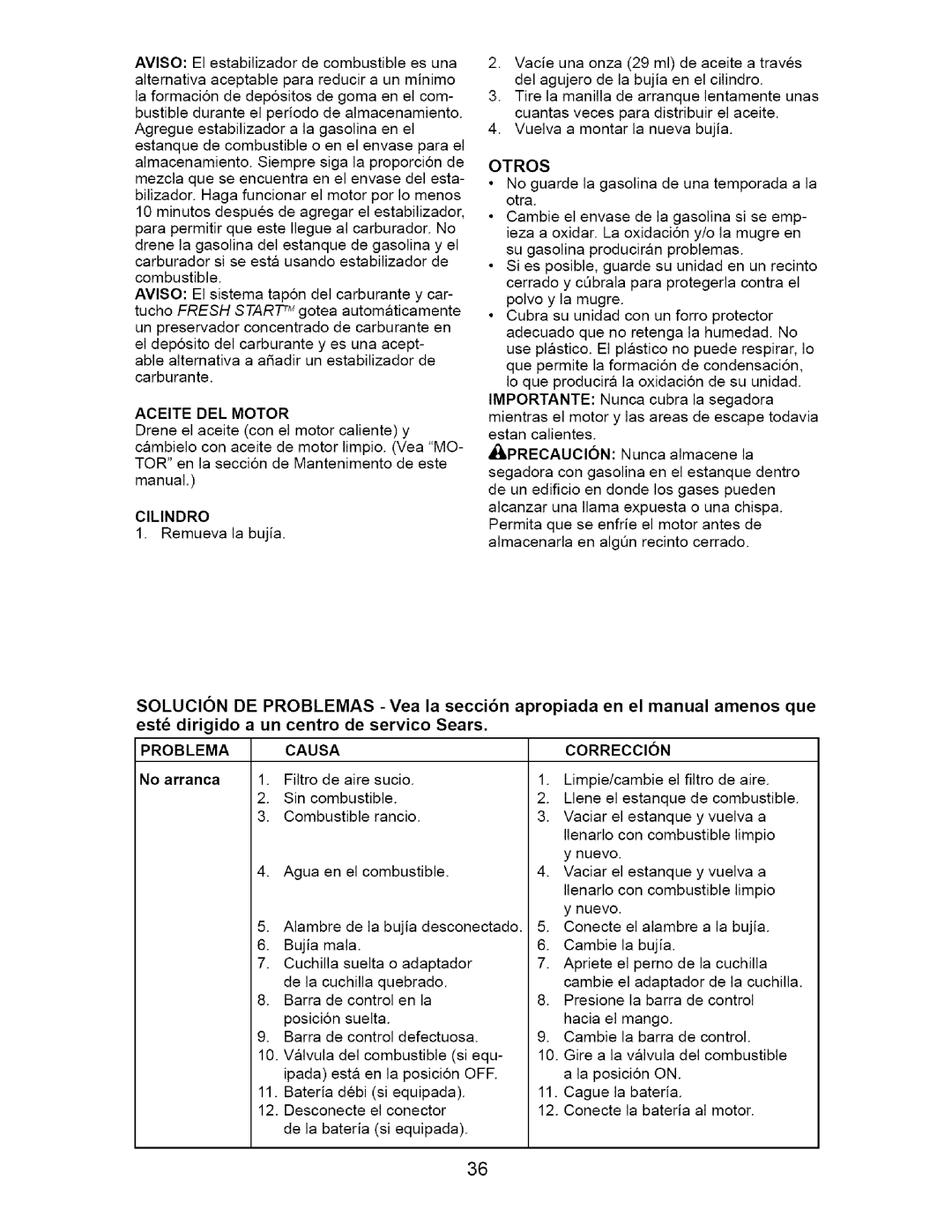 Craftsman 917.377011 owner manual Aceite DEL Motor, Problema, Causa, Correccion, No arranca 