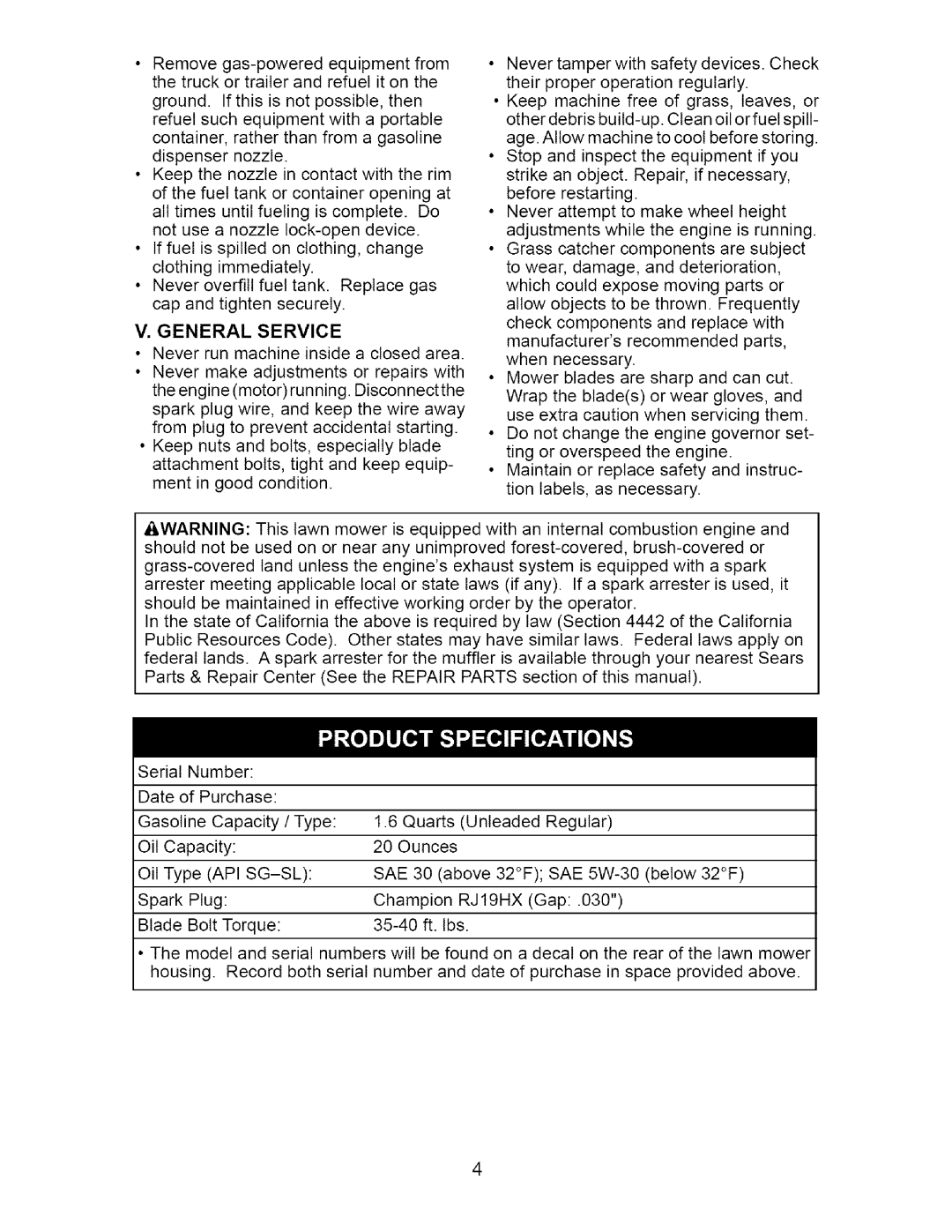 Craftsman 917.377011 owner manual GasolineCapacity/ Type 