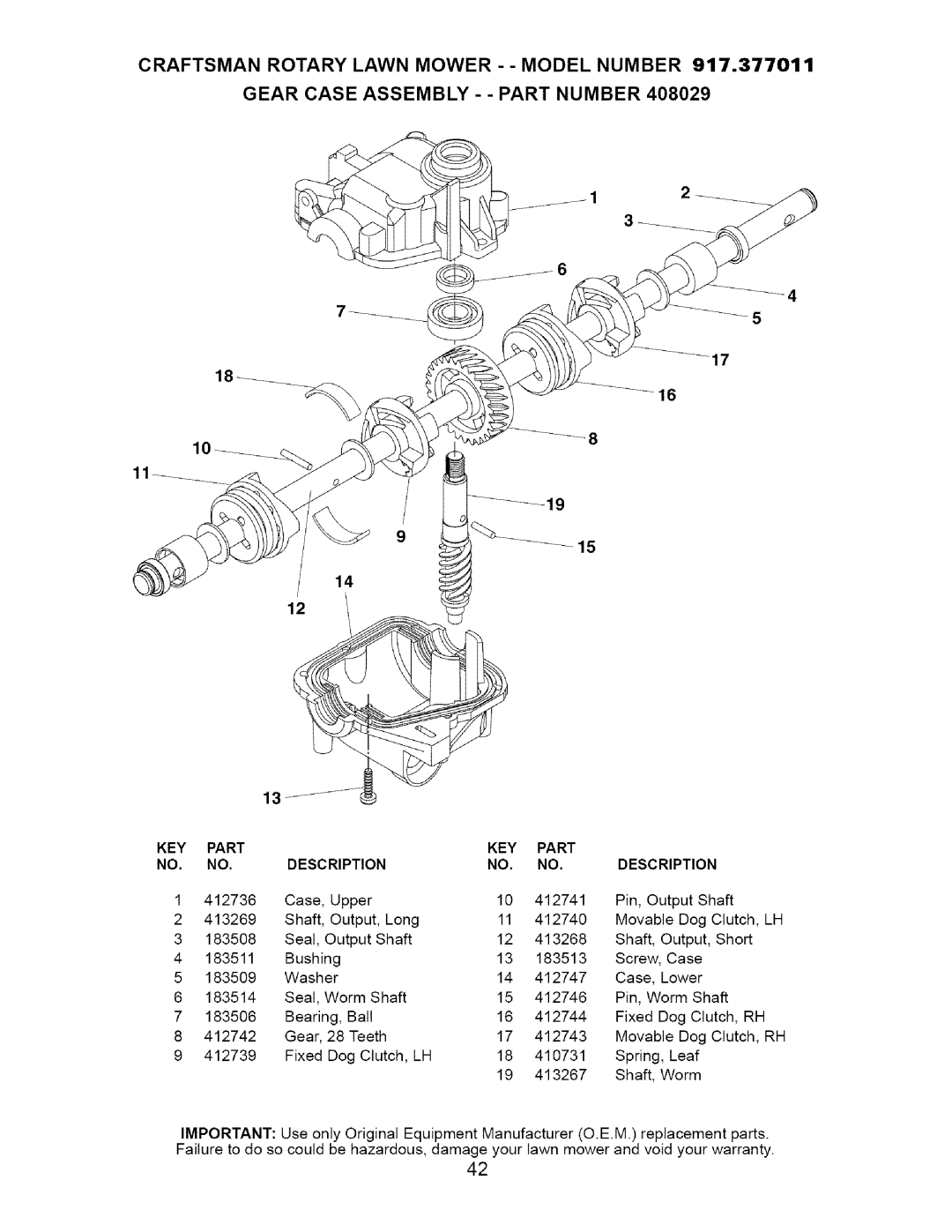 Craftsman 917.377011 owner manual Gear Case Assembly - Part Number 