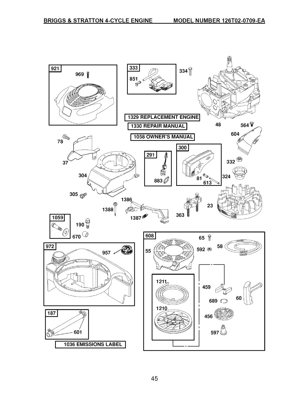 Craftsman 917.377011 owner manual Replacement Enginie 11330REPAIR Manual, 304 1388 190, 957, 689 456 597, Emissions Label 