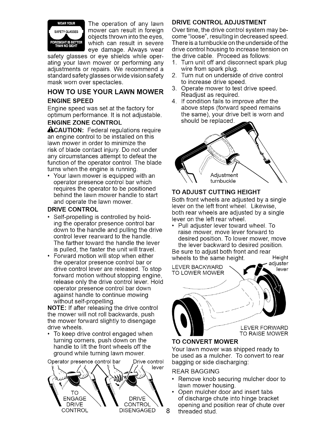 Craftsman 917.377011 Engine Speed, Engine Zone Control, Drive Control, To Adjust Cutting Height, Lever Backward 