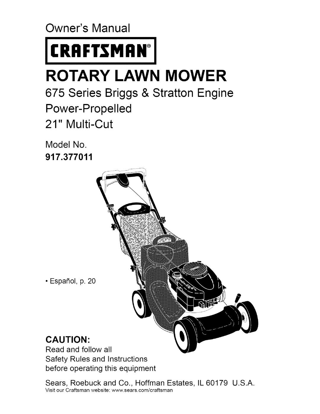 Craftsman 917.377011 owner manual Crrftsmiin, Rotary Lawn Mower, Series Briggs & Stratton Engine, Power-Propelled 