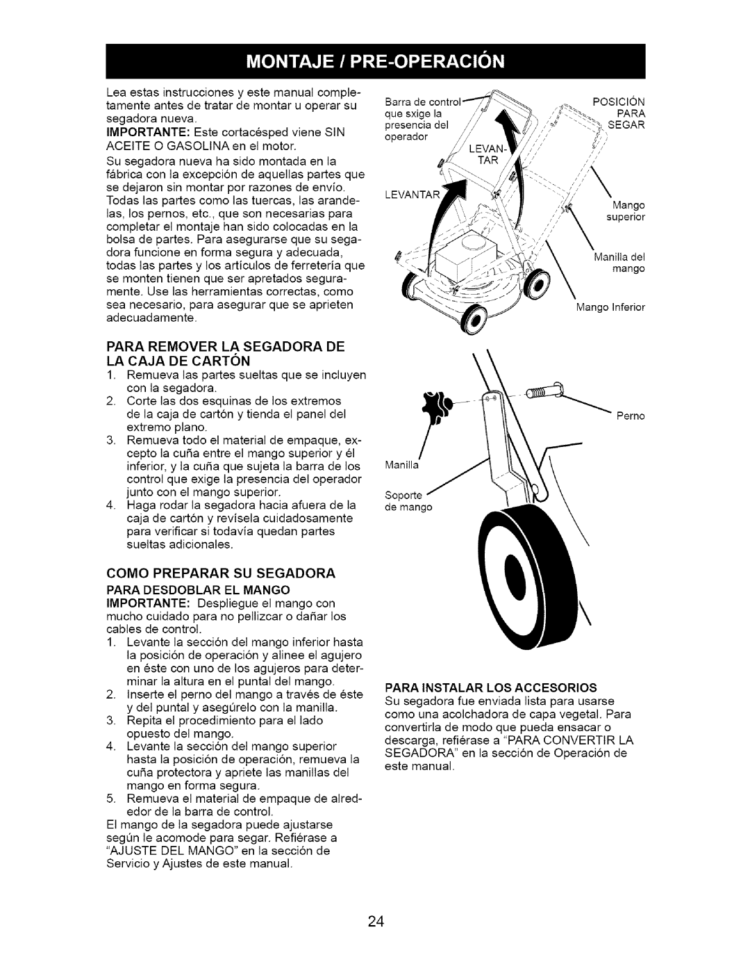 Craftsman 917.377011 owner manual Para Remover La Segadora De, Como Preparar Su Segadora Para Desdoblar El Mango 