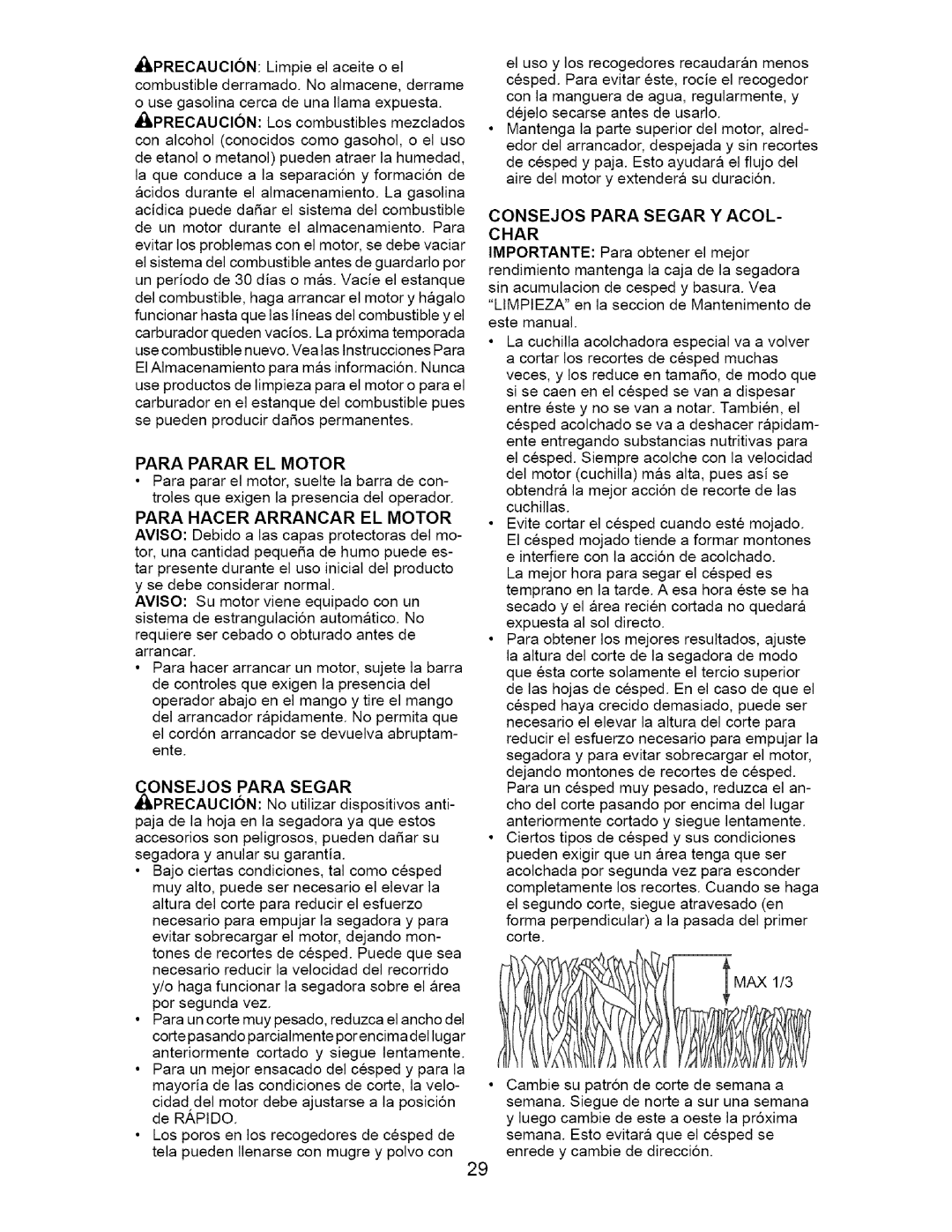 Craftsman 917.377011 owner manual Consejos Para Segar Y Acol- Char 