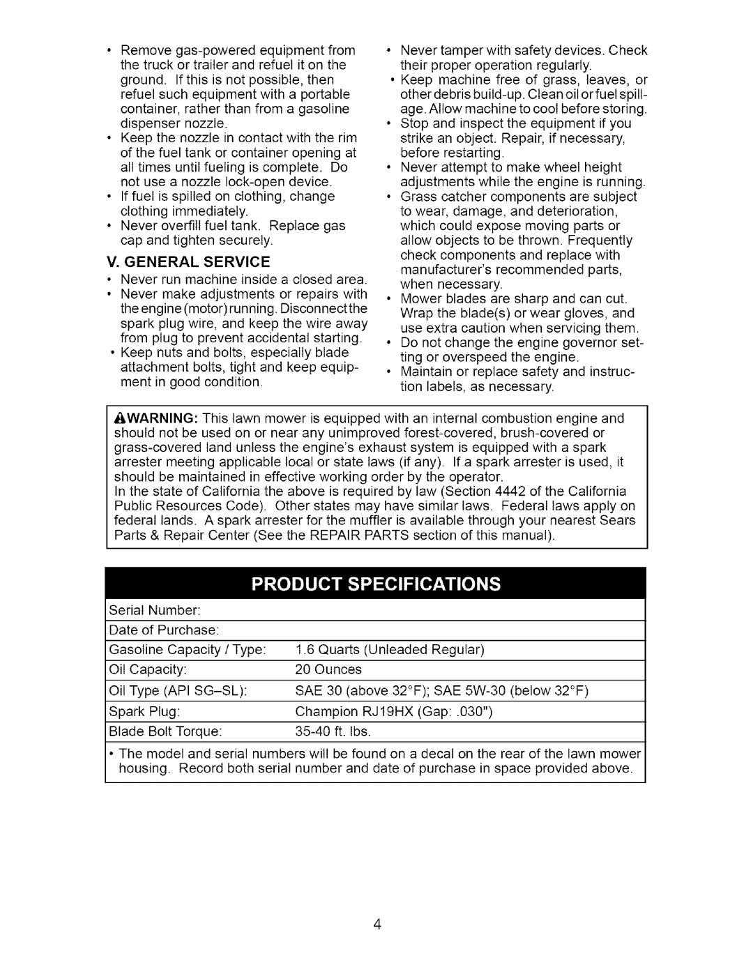 Craftsman 917.377011 owner manual V. General Service, GasolineCapacity/ Type 