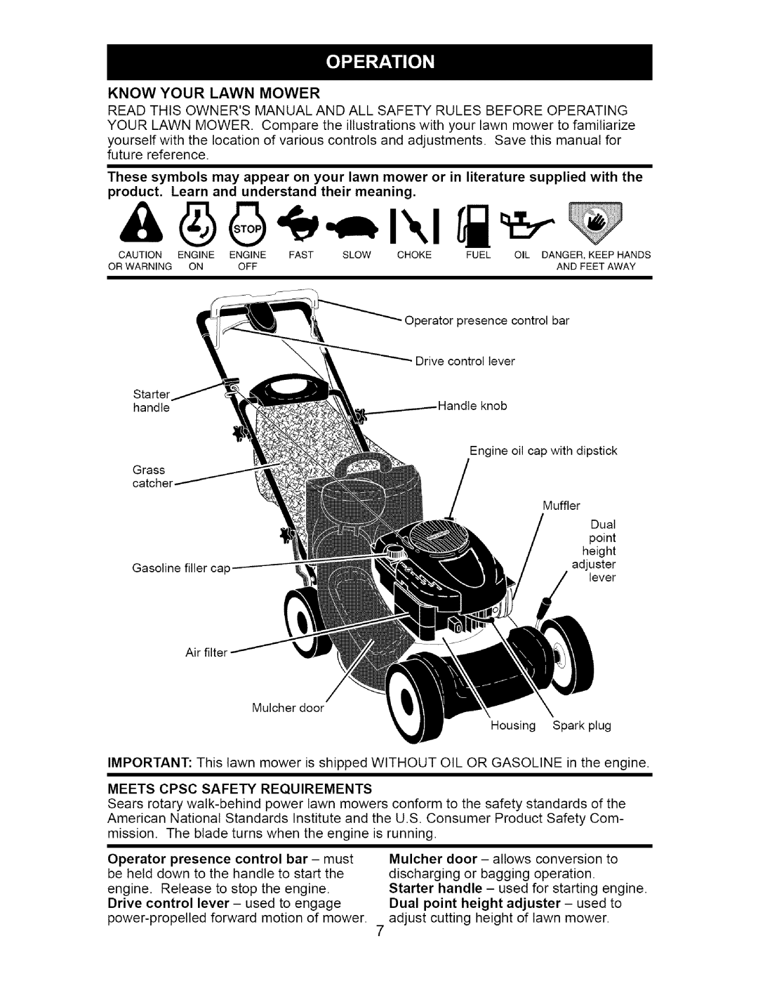 Craftsman 917.377011 Know Your Lawn Mower, product. Learn and understand their meaning, Meets Cpsc Safety Requirements 