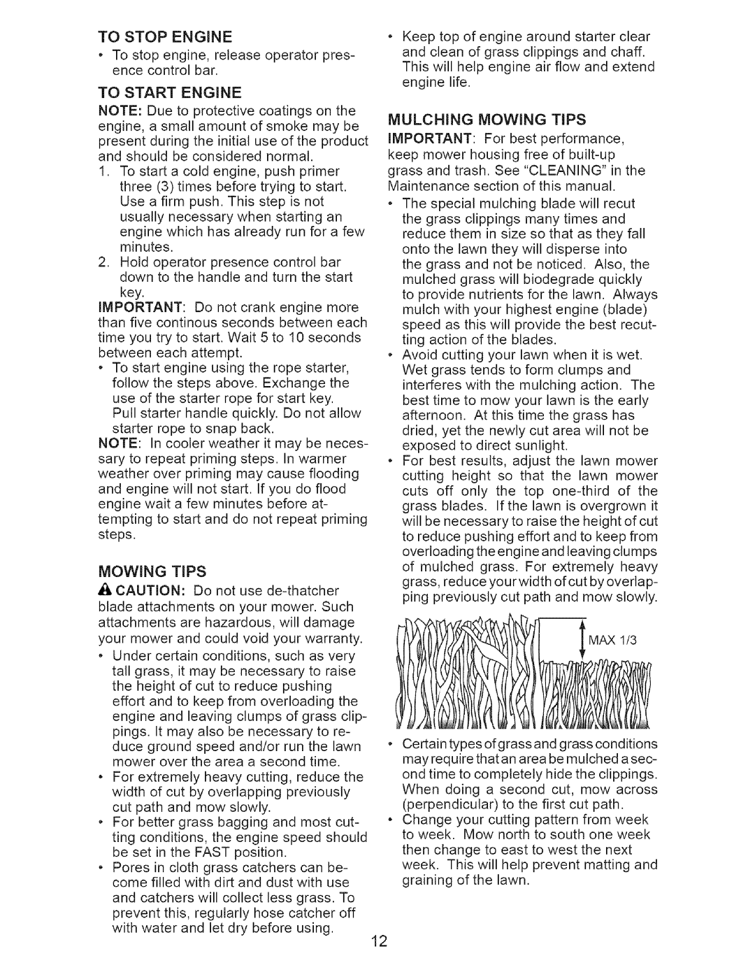 Craftsman 917.37712 manual To Stop Engine, To Start Engine, Mulching Mowing Tips 