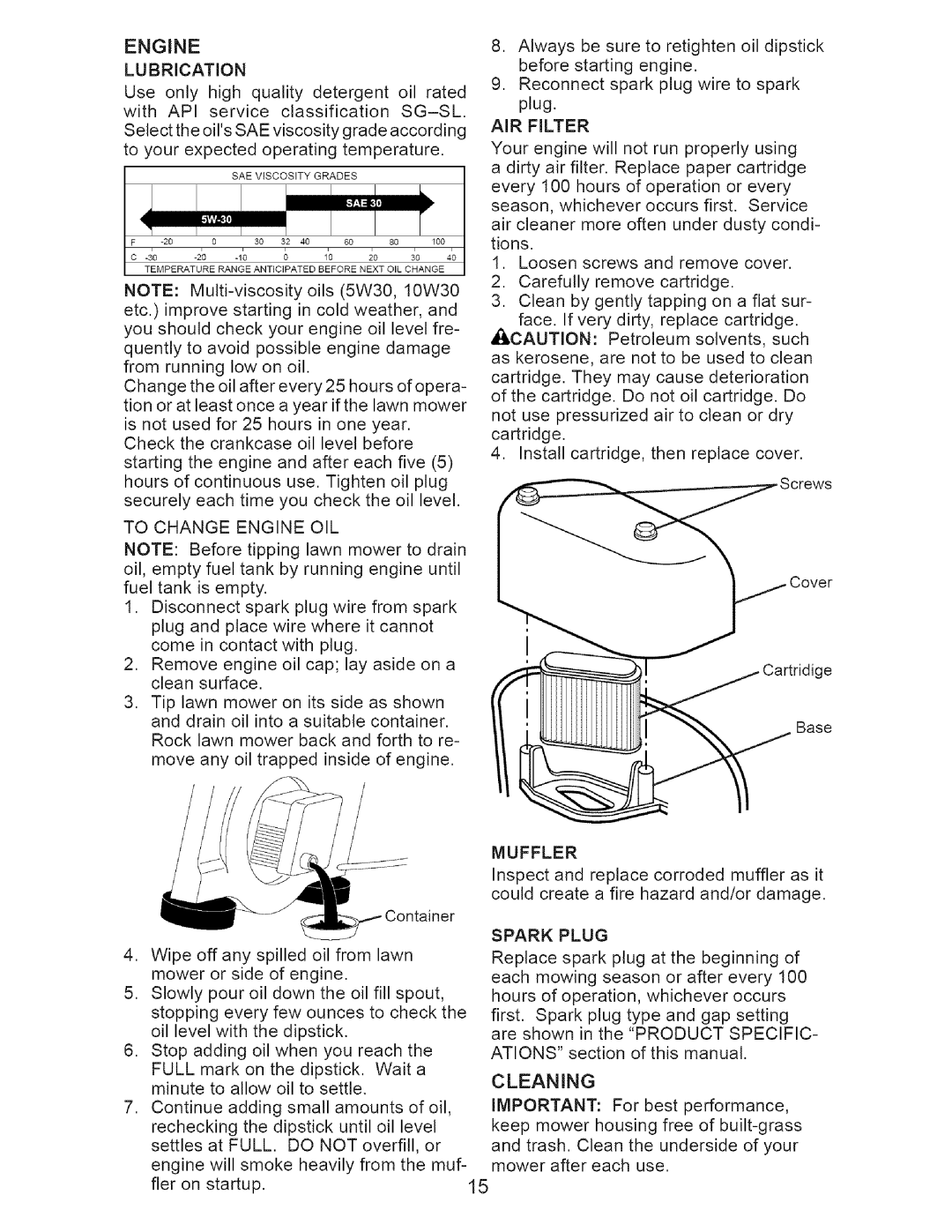 Craftsman 917.37712 manual Cleaning, To Change Engine OIL, AIR Filter, Muffler, Spark Plug 