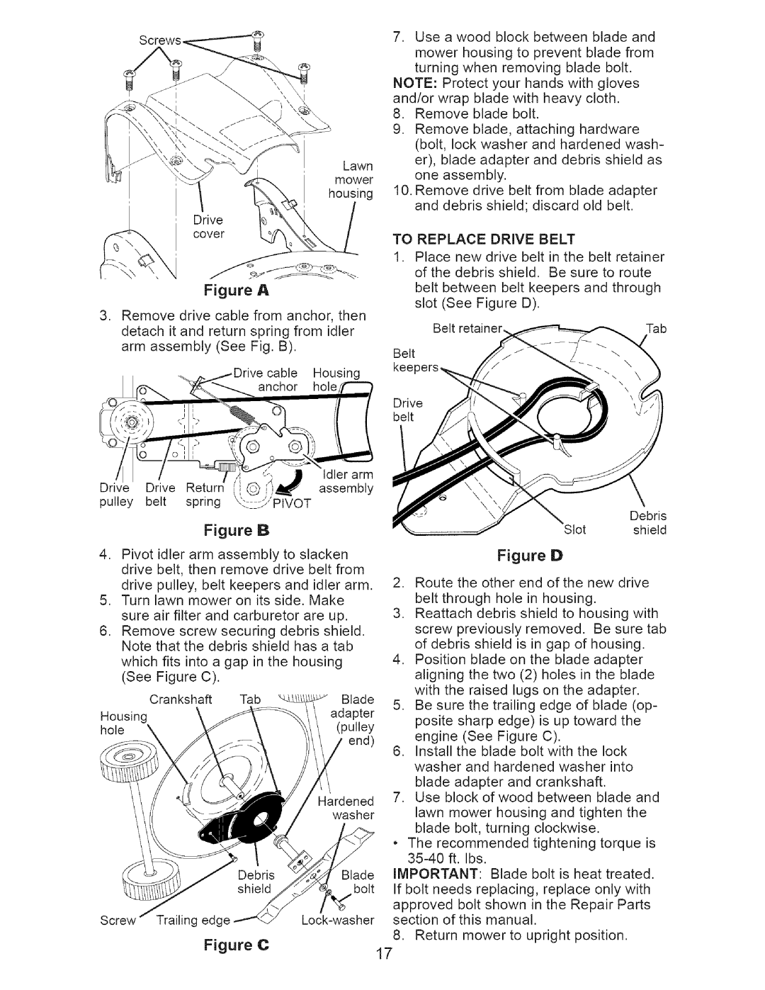 Craftsman 917.37712 manual Figure a, To Replace Drive Belt 