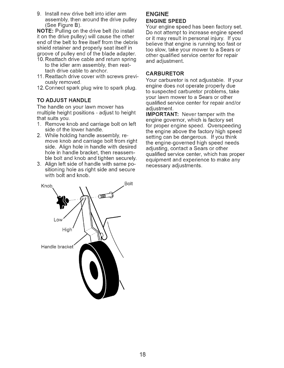 Craftsman 917.37712 manual To Adjust Handle, Engine Engine Speed, Carburetor 