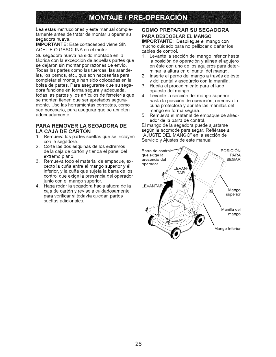 Craftsman 917.37712 manual Como Preparar SU Segadora, Para Remover LA Segadora DE LA Caja DE Carton 