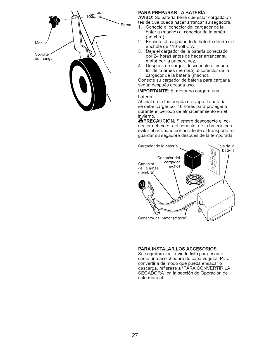 Craftsman 917.37712 manual Para Preparar LA Batera, Para Instalar LOS Accesorios 