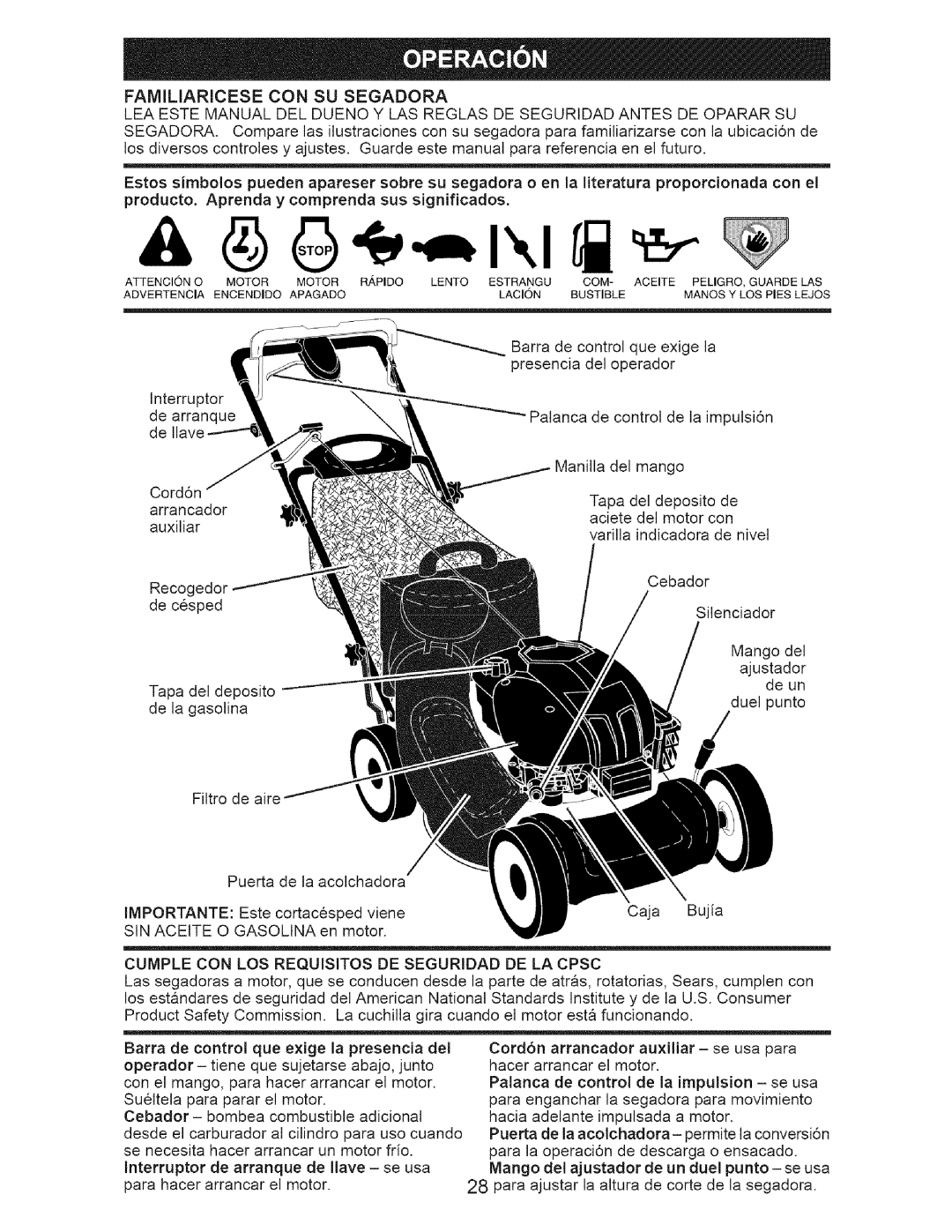 Craftsman 917.37712 manual Familiaricese CON SU Segadora, Cumple CON LOS Requisitos DE Seguridad DE LA Cpsc 