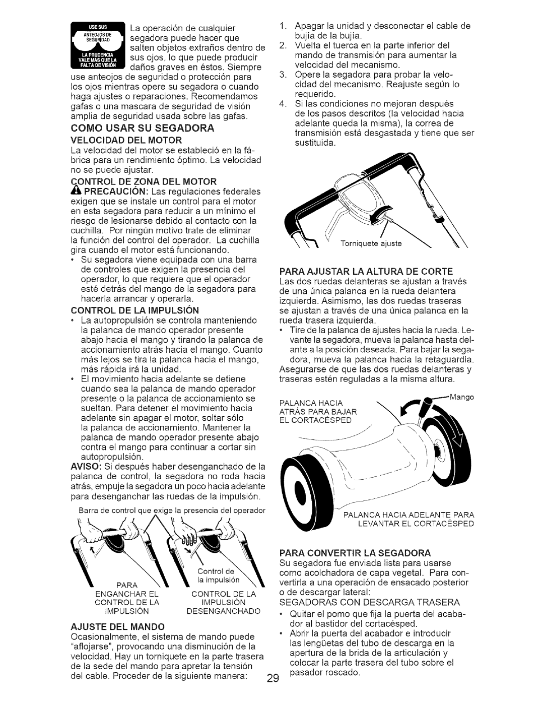 Craftsman 917.37712 manual Velocidad DEL Motor, Control DE LA Impulsion, Ajuste DEL Mando, Para Convertir LA Segadora 