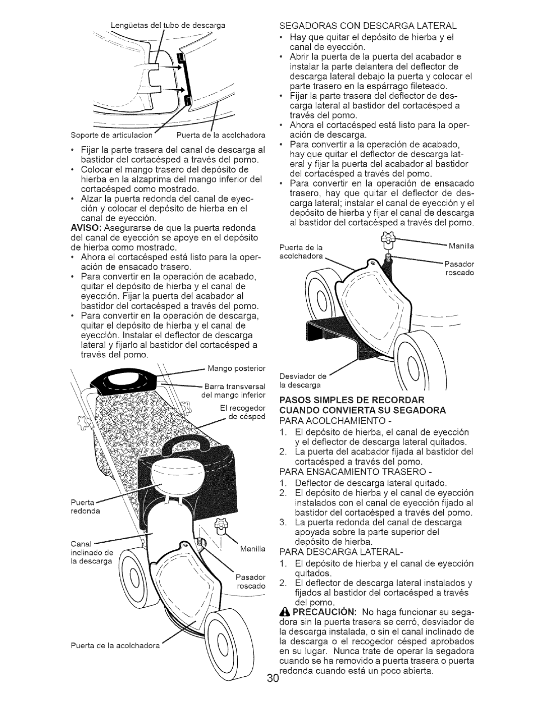 Craftsman 917.37712 manual Segadoras CON Descarga Lateral, Pasos Simples DE Recordar, Para Ensacamiento Trasero 