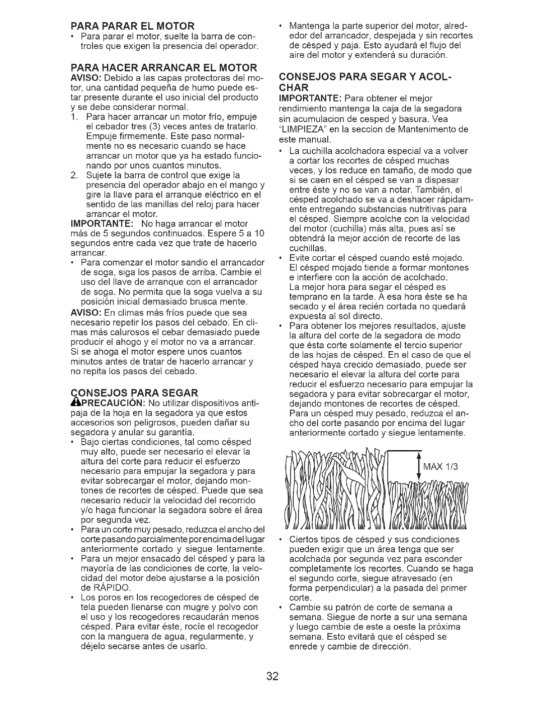 Craftsman 917.37712 manual Para Hacer Arrancar EL Motor, Consejos Para Segar Y ACOL- Char 