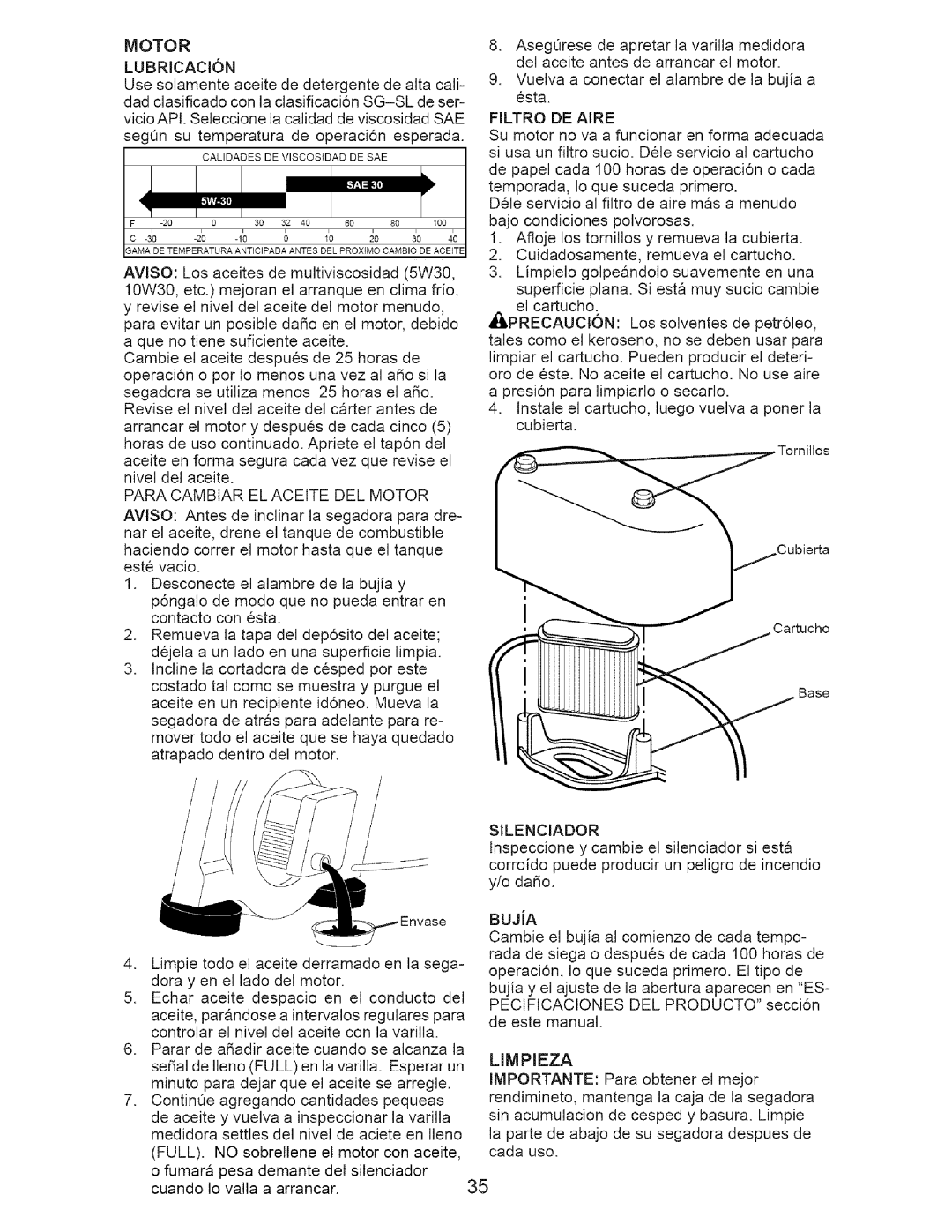 Craftsman 917.37712 manual Lubricacion, Filtro DE Aire, Silenciador, Buja, Limpieza 