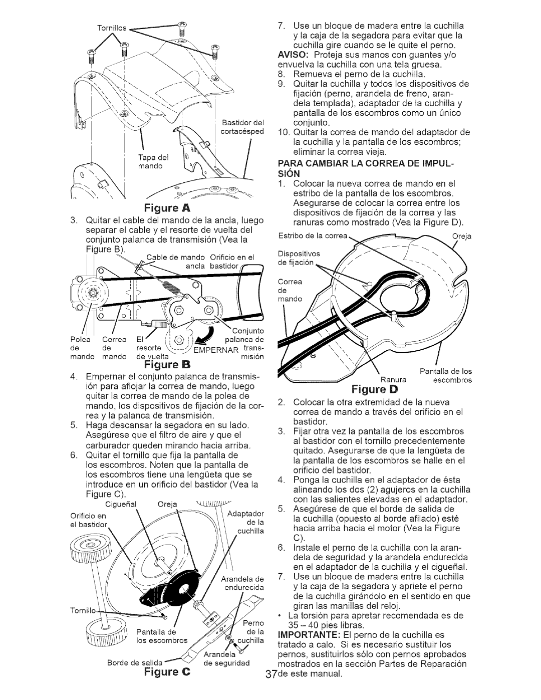 Craftsman 917.37712 manual Tornillos, Para Cambiar LA Correa DE Impul 