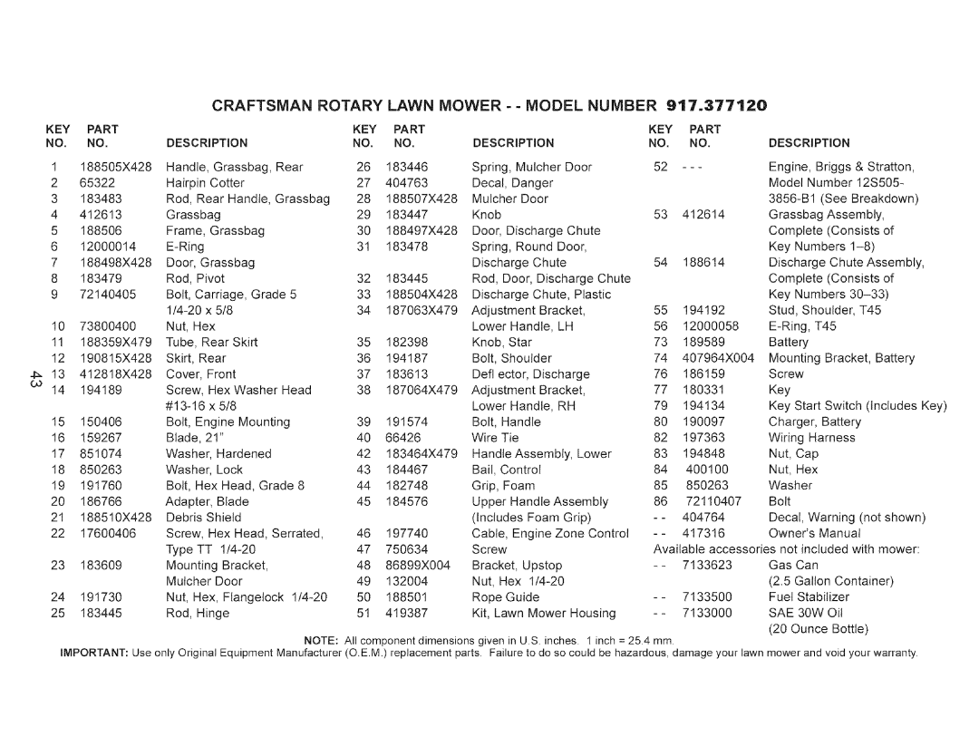 Craftsman 917.37712 manual NO. no, KEY Part Description, SAE 30W 