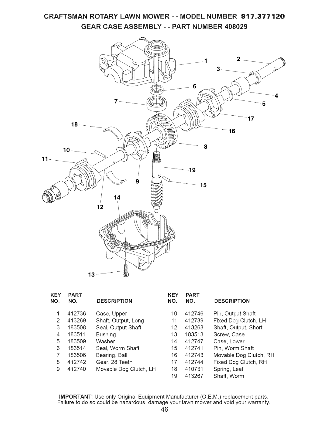 Craftsman 917.37712 manual KEY Part Description 