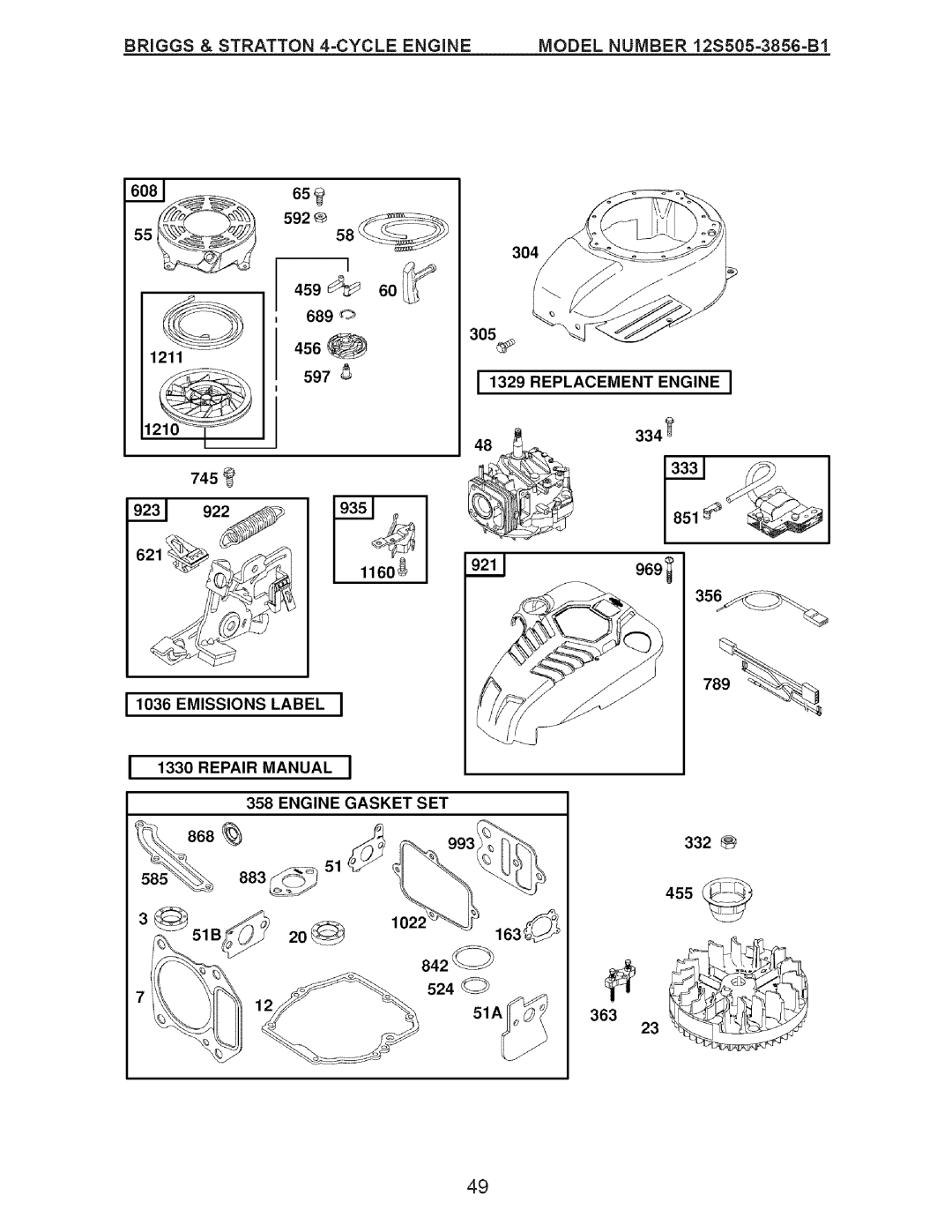 Craftsman 917.37712 manual 11036EMISSIONS Label, Manual Engine Gasket SET 