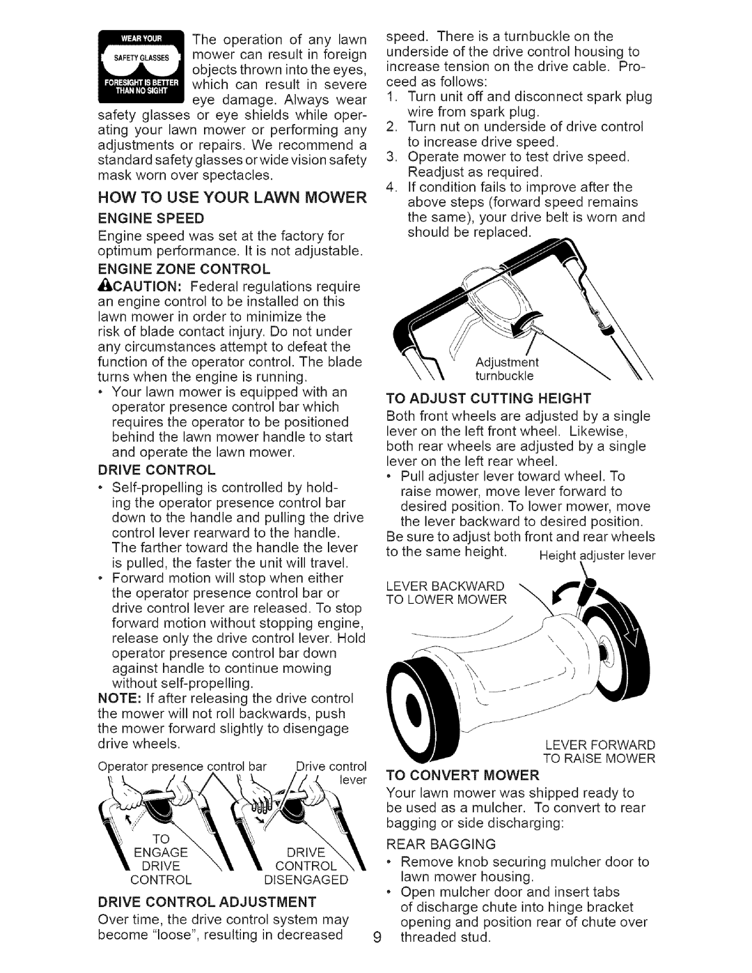 Craftsman 917.37712 manual Engine Speed, Engine Zone Control, Drive Control, To Adjust Cutting Height, Rear Bagging 