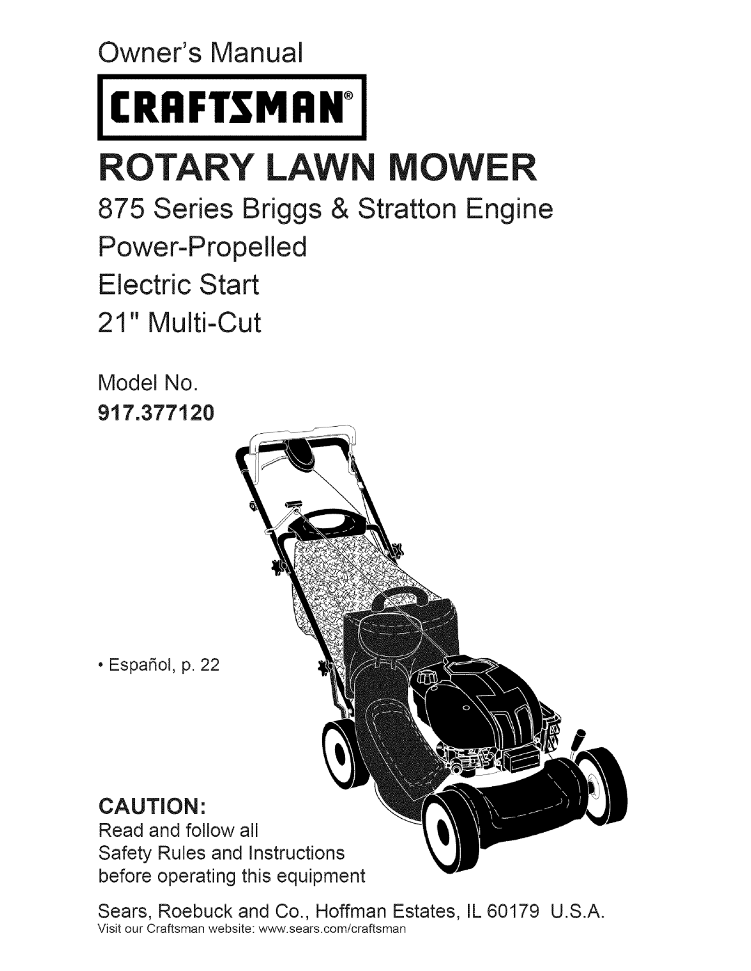 Craftsman manual Power-Propelled, Model No 917.377120, Craftsman, Rotary, Owners Manual, Electric Start 21 Multi-Cut 
