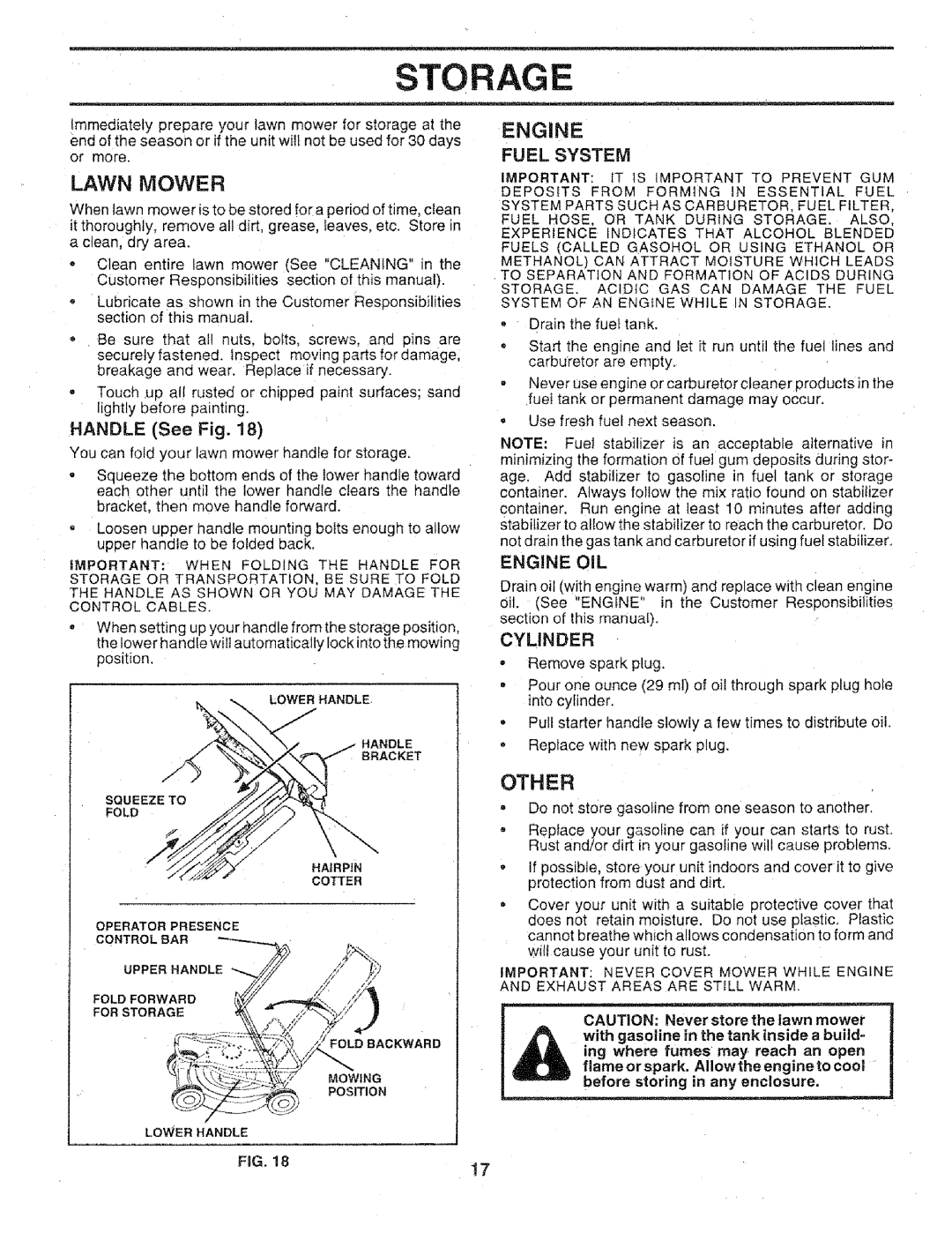 Craftsman 917.3773 manual Storage, Lawn Mower, Handle See Fig, Engine OIL, Cylinder 