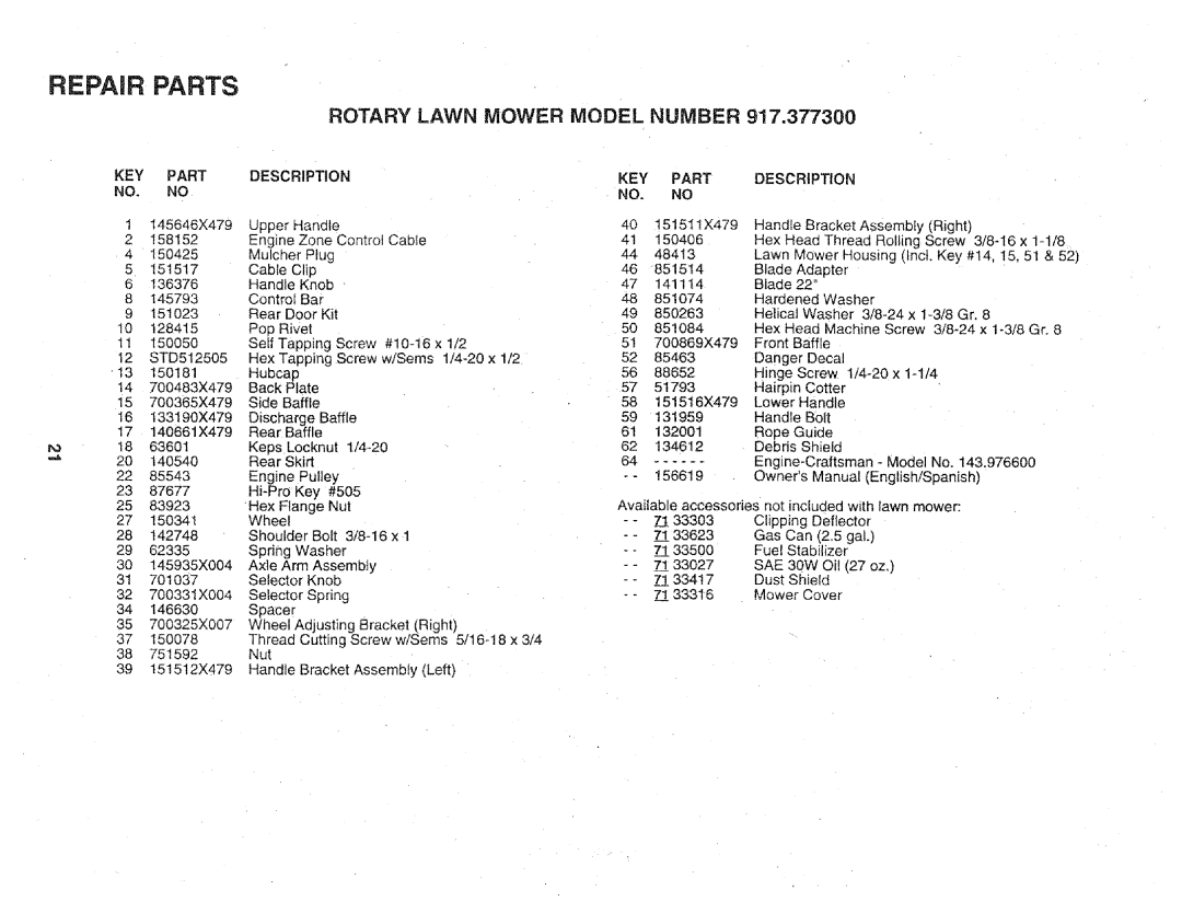 Craftsman 917.3773 manual KEY Part NO. no, Description 