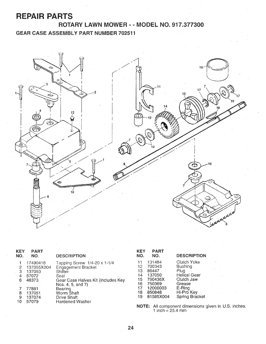 Craftsman 917.3773 manual Rotary Lawn Mower - Model no, Gear Case Assembly Part Number, NO. NO, Description, Key 