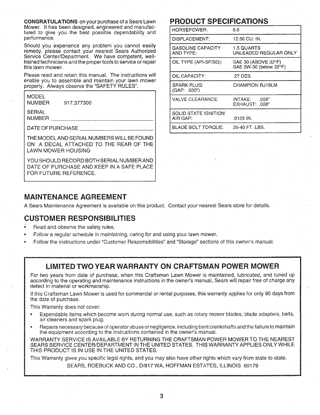 Craftsman 917.3773 Product Specifications, Customer Responsibilities, Limited TWO Year Warranty on Craftsman Power Mower 