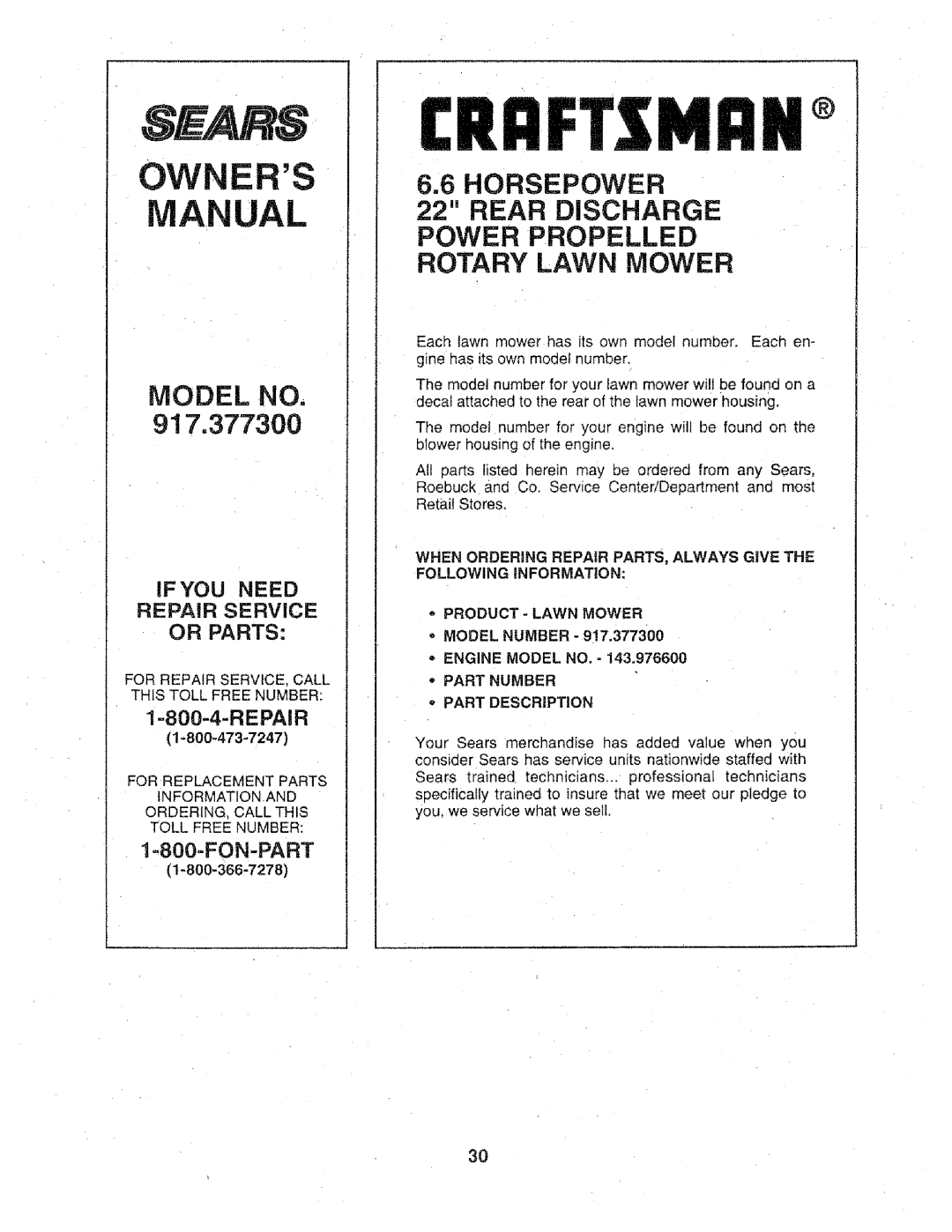 Craftsman 917.3773 manual Ifyou Need Repair Service Or Parts, =800-FON-PART, For Replacement Parts, + PRODUCT- Lawn Mower 