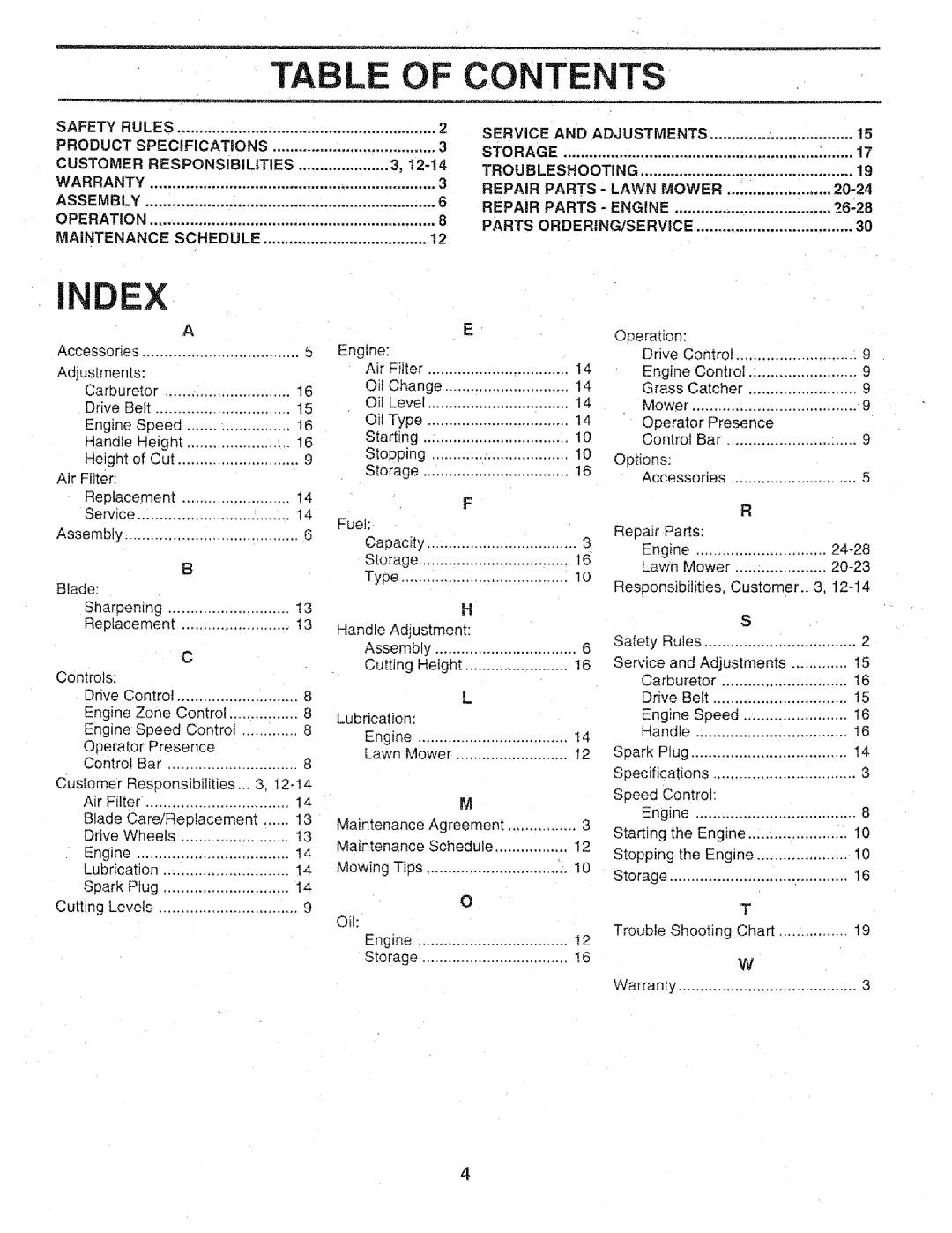 Craftsman 917.3773 manual Index, Table of Contents 