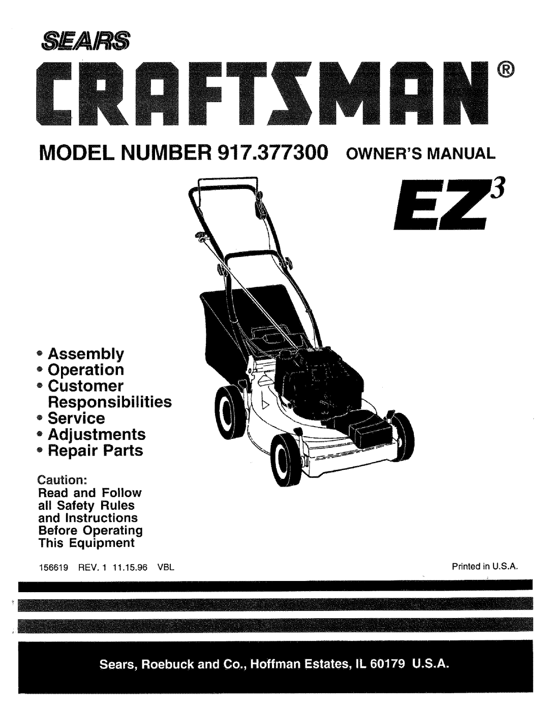 Craftsman manual MODEL NUMBER 917.377300 OWNERSMANUAL, Assembly Operation Customer Responsibilities, Airs 