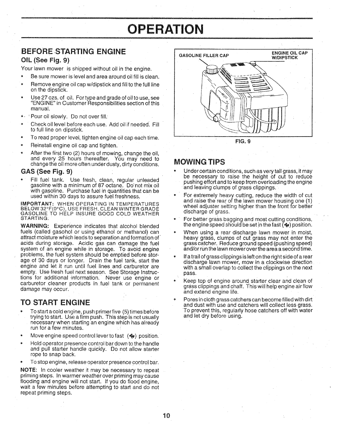 Craftsman 917.3773 manual To Start Engine, Mowing Tips, Before ,Starting Engine, GAS See Fig, OIL See Fig, Operation 